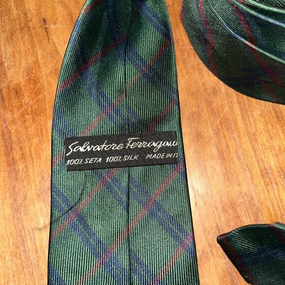 Ferragamo Vintage Silk Tie, Dark Green Plaid, Made in Italy - Picture 5 of 5